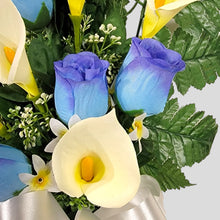 Load image into Gallery viewer, Blue Rosebud and Cream Calla Lily Cemetery Cone Memorial Decoration
