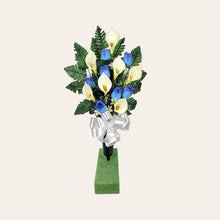 Load image into Gallery viewer, Blue Rosebud and Cream Calla Lily Memorial Decorations: Includes 2 Cemetery Cones
