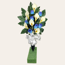 Load image into Gallery viewer, Blue Rosebud and Cream Calla Lily Memorial Decorations: Includes 2 Cemetery Cones
