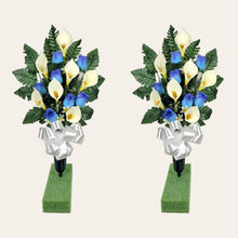 Load image into Gallery viewer, Blue Rosebud and Cream Calla Lily Memorial Decorations: Includes 2 Cemetery Cones
