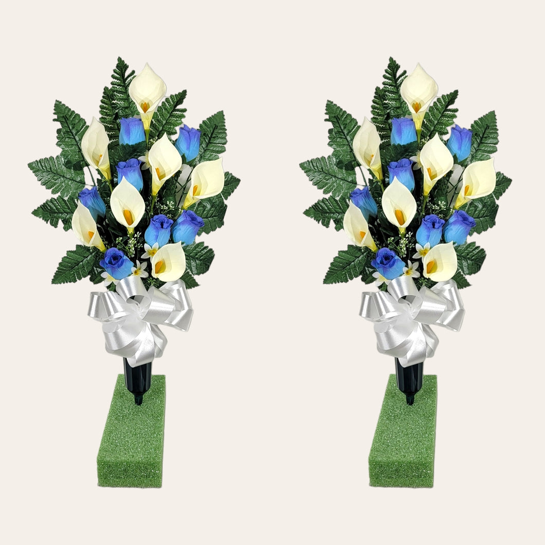 Blue Rosebud and Cream Calla Lily Memorial Decorations: Includes 2 Cemetery Cones