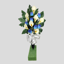 Load image into Gallery viewer, Blue Rosebud and Cream Calla Lily Cemetery Cone Memorial Decoration
