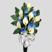 Load image into Gallery viewer, Blue Rosebud and Cream Calla Lily Cemetery Cone Memorial Decoration
