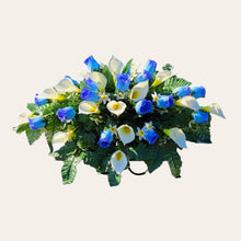 Load image into Gallery viewer, Blue Rosebud and Cream Calla Lily Headstone Saddle Memorial Decoration
