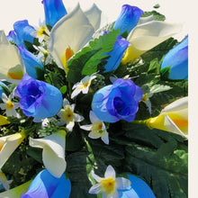 Load image into Gallery viewer, Blue Rosebud and Cream Calla Lily Headstone Saddle Memorial Decoration
