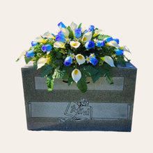 Load image into Gallery viewer, Blue Rosebud and Cream Calla Lily Headstone Saddle Memorial Decoration
