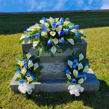 Load image into Gallery viewer, Blue Rosebud and Cream Calla Lily Memorial Decoration set: includes 1 headstone saddle &amp; 2 cemetery cones
