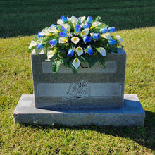 Load image into Gallery viewer, Blue Rosebud and Cream Calla Lily Memorial Decoration set: includes 1 headstone saddle &amp; 2 cemetery cones
