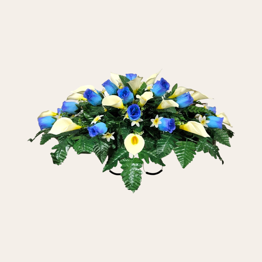 Blue Rosebud and Cream Calla Lily Headstone Saddle Memorial Decoration