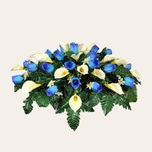 Load image into Gallery viewer, Blue Rosebud and Cream Calla Lily Headstone Saddle Memorial Decoration
