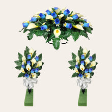 Load image into Gallery viewer, Blue Rosebud and Cream Calla Lily Memorial Decoration set: includes 1 headstone saddle &amp; 2 cemetery cones
