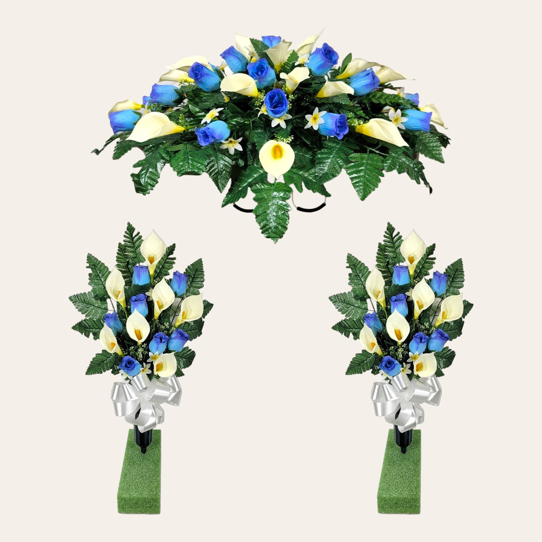 Blue Rosebud and Cream Calla Lily Memorial Decoration set: includes 1 headstone saddle & 2 cemetery cones