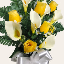 Load image into Gallery viewer, Yellow Rosebud and Cream Calla Lily Cemetery Cone Memorial Decoration
