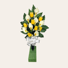 Load image into Gallery viewer, Yellow Rosebud and Cream Calla Lily Cemetery Cone Memorial Decoration
