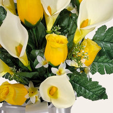 Load image into Gallery viewer, Yellow Rosebud and Cream Calla Lily Cemetery Cone Memorial Decoration
