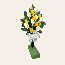 Load image into Gallery viewer, Yellow Rosebud and Cream Calla Lily Cemetery Cone Memorial Decoration
