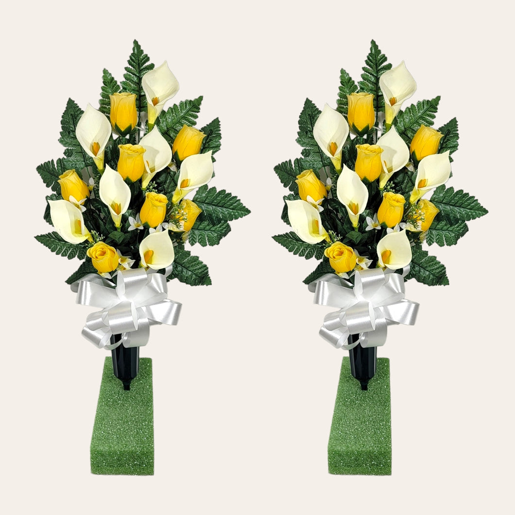 Yellow Rosebud and Cream Calla Lily Memorial Decorations: Includes 2 cemetery cones