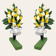 Load image into Gallery viewer, Yellow Rosebud and Cream Calla Lily Memorial Decorations: Includes 2 cemetery cones
