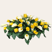 Load image into Gallery viewer, Yellow Rosebud and Cream Calla Lily Headstone Saddle Memorial Decoration
