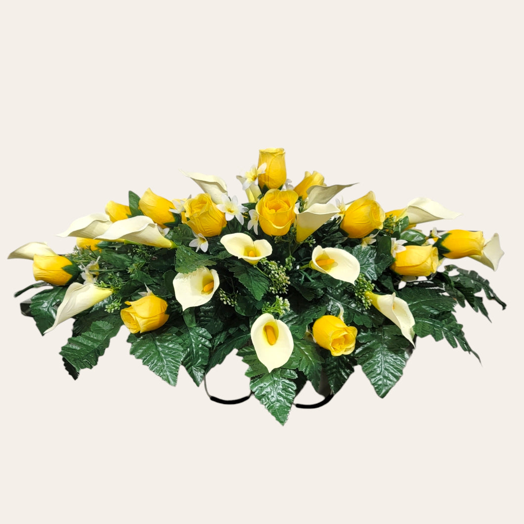 Yellow Rosebud and Cream Calla Lily Headstone Saddle Memorial Decoration