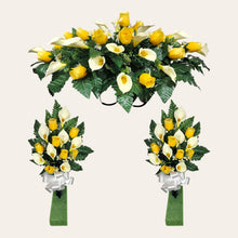 Load image into Gallery viewer, Yellow Rosebud and Cream Calla Lily Memorial Decoration set: includes 1 headstone saddle &amp; 2 cemetery cones
