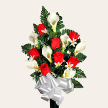 Load image into Gallery viewer, Red Rosebud and Cream Calla Lily Cemetery Cone Memorial Decoration
