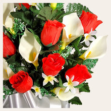 Load image into Gallery viewer, Red Rosebud and Cream Calla Lily Cemetery Cone Memorial Decoration
