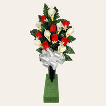 Load image into Gallery viewer, Red Rosebud and Cream Calla Lily Cemetery Cone Memorial Decoration
