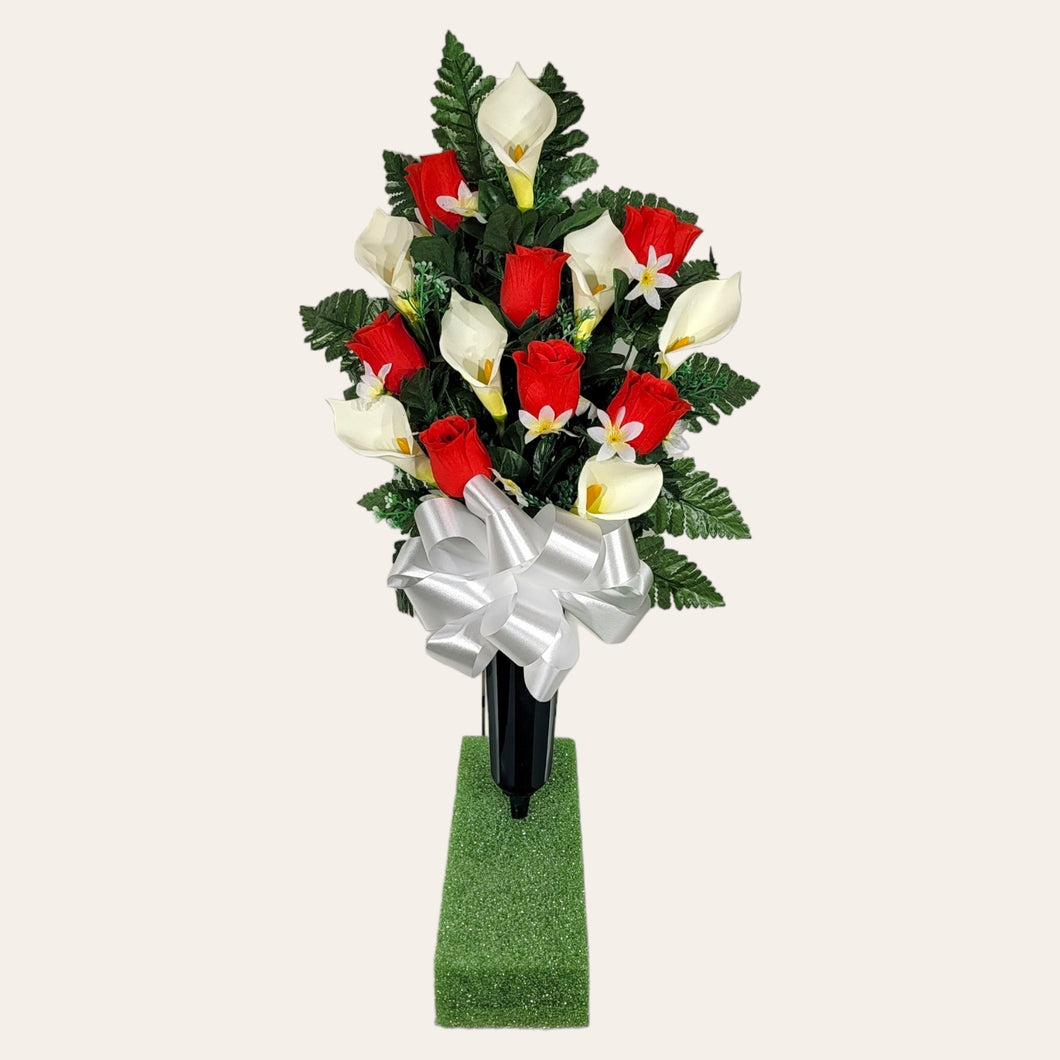 Red Rosebud and Cream Calla Lily Cemetery Cone Memorial Decoration