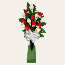 Load image into Gallery viewer, Red Rosebud and Cream Calla Lily Memorial Decorations: Includes 2 Cemetery Cones
