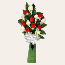 Load image into Gallery viewer, Red Rosebud and Cream Calla Lily Cemetery Cone Memorial Decoration
