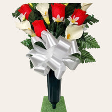 Load image into Gallery viewer, Red Rosebud and Cream Calla Lily Cemetery Cone Memorial Decoration
