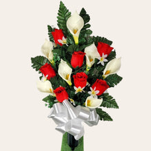 Load image into Gallery viewer, Red Rosebud and Cream Calla Lily Memorial Decoration set: includes 1 headstone saddle &amp; 2 cemetery cones
