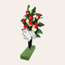 Load image into Gallery viewer, Red Rosebud and Cream Calla Lily Cemetery Cone Memorial Decoration
