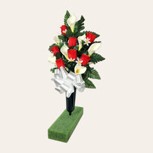 Load image into Gallery viewer, Red Rosebud and Cream Calla Lily Memorial Decorations: Includes 2 Cemetery Cones
