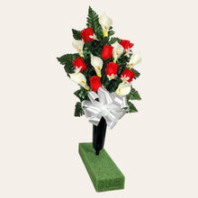 Load image into Gallery viewer, Red Rosebud and Cream Calla Lily Cemetery Cone Memorial Decoration
