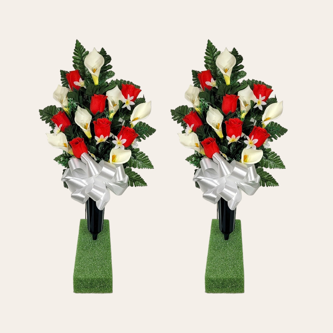 Red Rosebud and Cream Calla Lily Memorial Decorations: Includes 2 Cemetery Cones