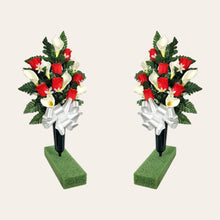 Load image into Gallery viewer, Red Rosebud and Cream Calla Lily Memorial Decorations: Includes 2 Cemetery Cones
