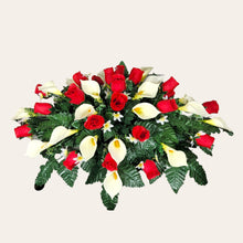 Load image into Gallery viewer, Red Rosebud and Cream Calla Lily Memorial Decoration set: includes 1 headstone saddle &amp; 2 cemetery cones
