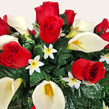 Load image into Gallery viewer, Red Rosebud and Cream Calla Lily Memorial Decoration set: includes 1 headstone saddle &amp; 2 cemetery cones
