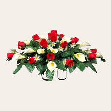 Load image into Gallery viewer, Red Rosebud and Cream Calla Lily Headstone Saddle Memorial Decoration
