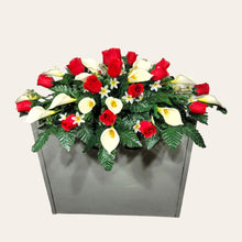 Load image into Gallery viewer, Red Rosebud and Cream Calla Lily Headstone Saddle Memorial Decoration
