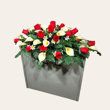 Load image into Gallery viewer, Red Rosebud and Cream Calla Lily Headstone Saddle Memorial Decoration
