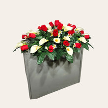 Load image into Gallery viewer, Red Rosebud and Cream Calla Lily Headstone Saddle Memorial Decoration
