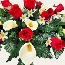 Load image into Gallery viewer, Red Rosebud and Cream Calla Lily Headstone Saddle Memorial Decoration
