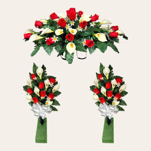 Load image into Gallery viewer, Red Rosebud and Cream Calla Lily Memorial Decoration set: includes 1 headstone saddle &amp; 2 cemetery cones
