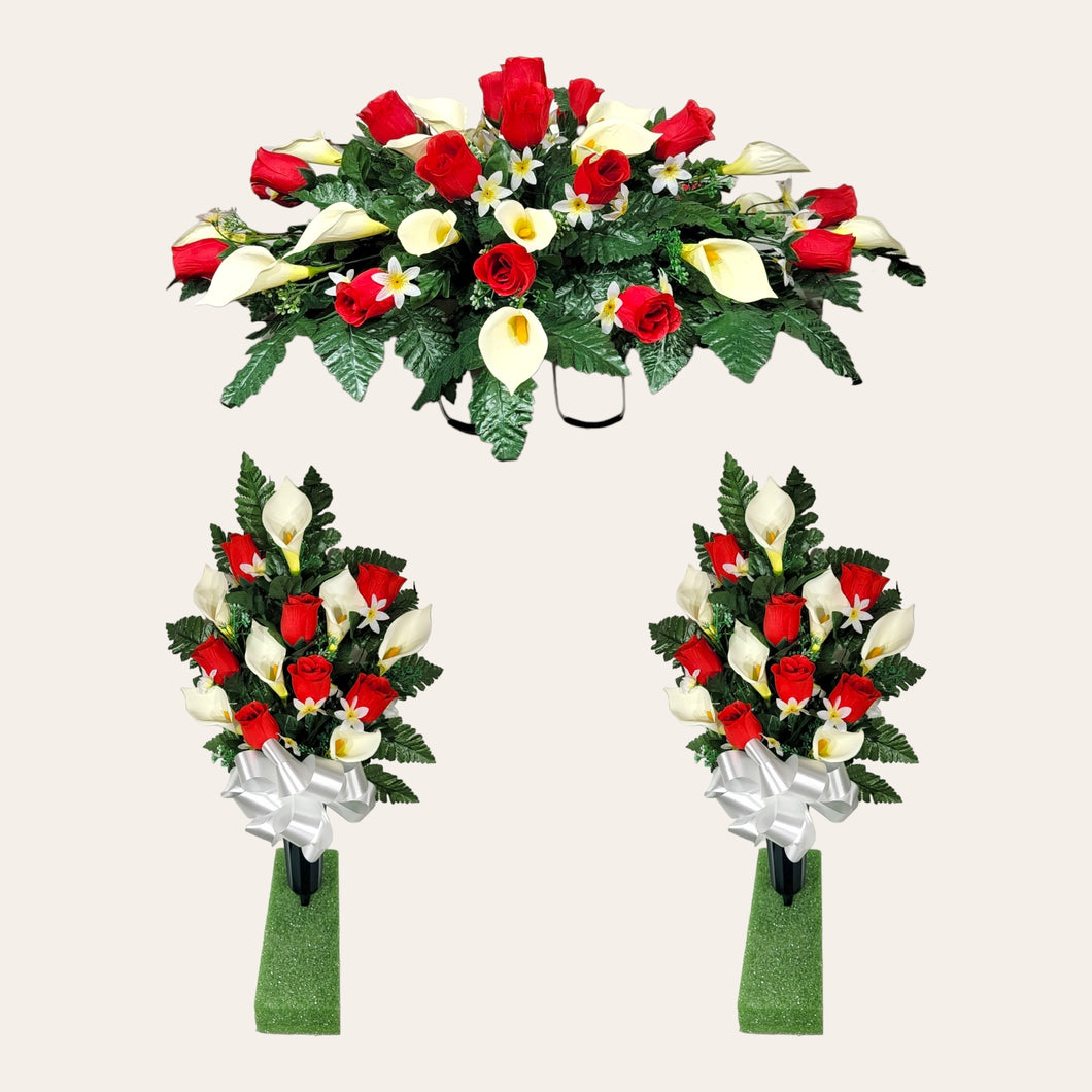 Red Rosebud and Cream Calla Lily Memorial Decoration set: includes 1 headstone saddle & 2 cemetery cones