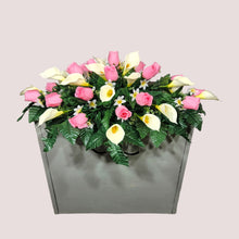 Load image into Gallery viewer, Baby Pink Rosebud and Cream Calla Lily Headstone Saddle Memorial Decoration
