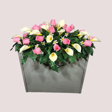 Load image into Gallery viewer, Baby Pink Rosebud and Cream Calla Lily Memorial Decoration set: includes 1 headstone saddle &amp; 2 cemetery cones
