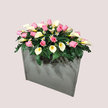 Load image into Gallery viewer, Baby Pink Rosebud and Cream Calla Lily Headstone Saddle Memorial Decoration
